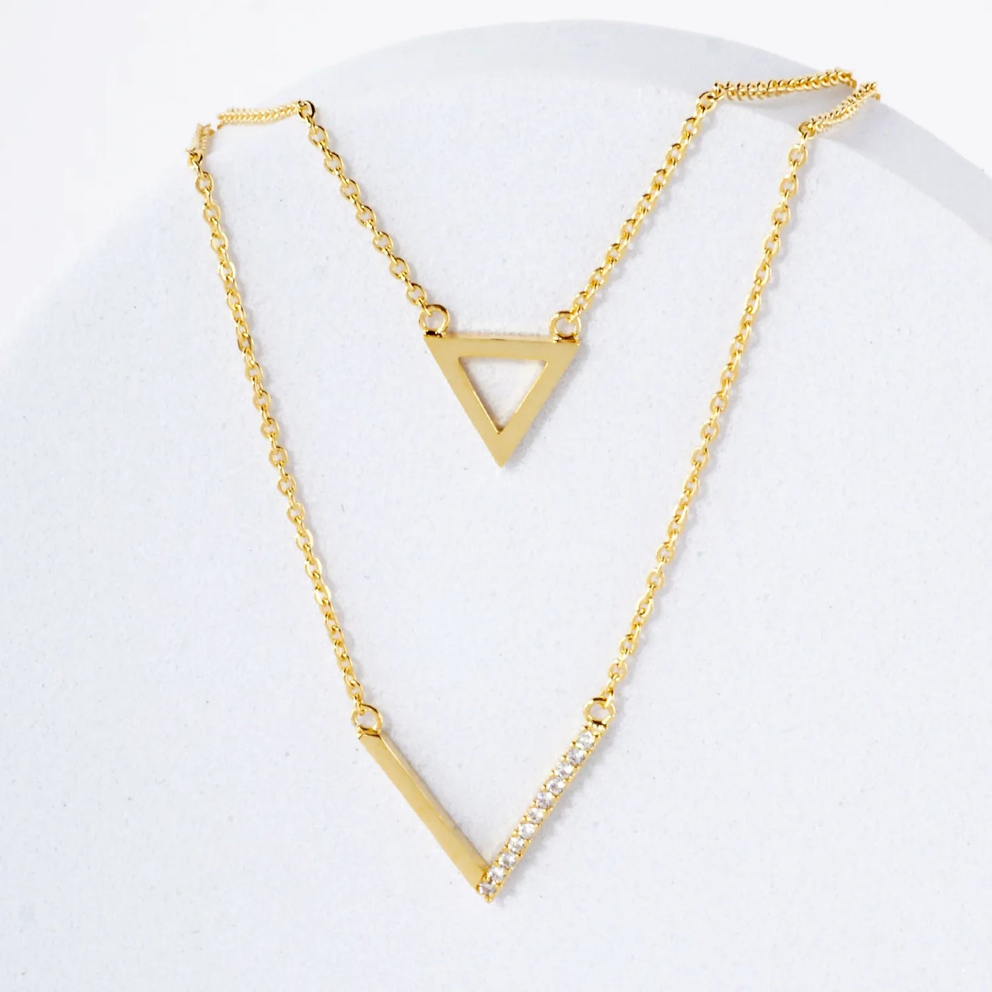 Pave-Set CZ Triangle Geometric Pendant 18K-Gold-Dipped Layered Necklace