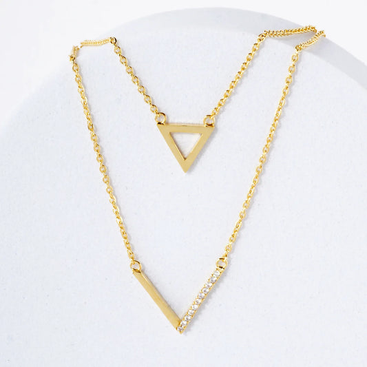 Pave-Set CZ Triangle Geometric Pendant 18K-Gold-Dipped Layered Necklace