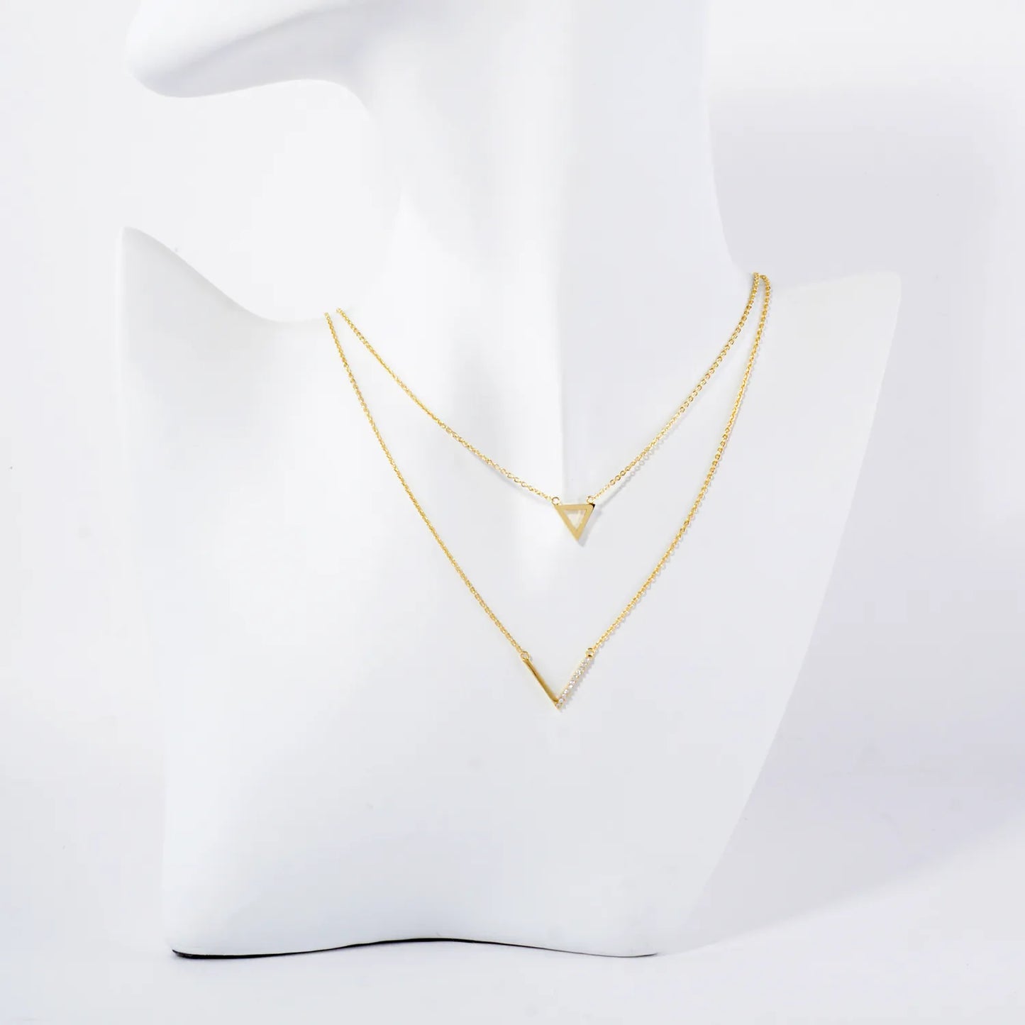 Pave-Set CZ Triangle Geometric Pendant 18K-Gold-Dipped Layered Necklace