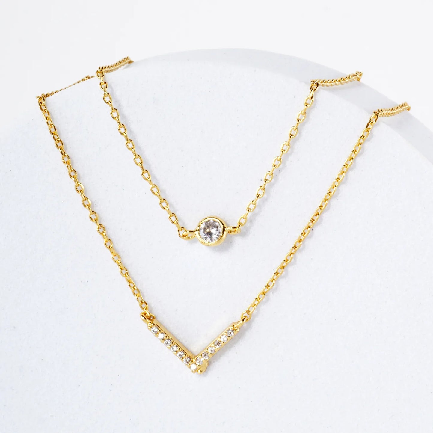 Pave-Set CZ V Pendant 18K-Gold-Dipped Layered Necklace