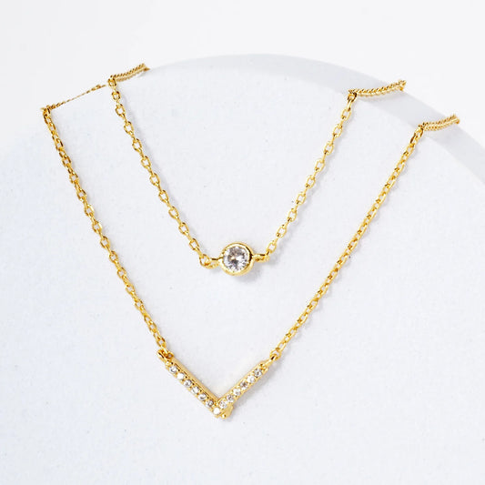 Pave-Set CZ V Pendant 18K-Gold-Dipped Layered Necklace