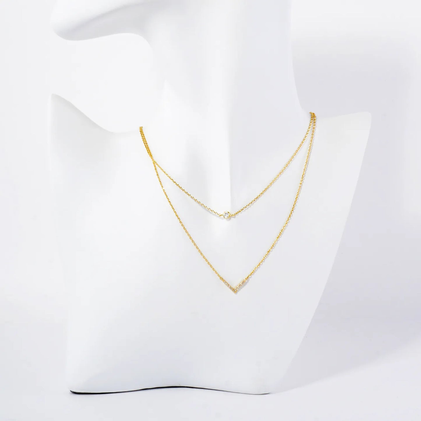 Pave-Set CZ V Pendant 18K-Gold-Dipped Layered Necklace