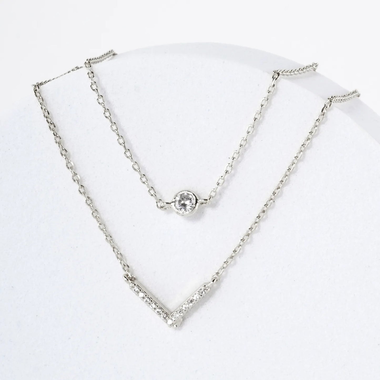 Pave-Set CZ V Pendant 18K-Gold-Dipped Layered Necklace