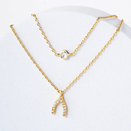 Pave-Set CZ Wishbone Pendant 18K-Gold-Dipped Layered Necklace