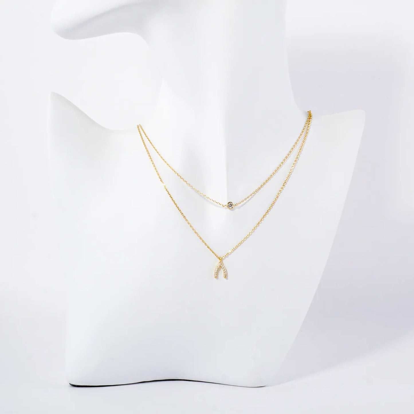 Pave-Set CZ Wishbone Pendant 18K-Gold-Dipped Layered Necklace