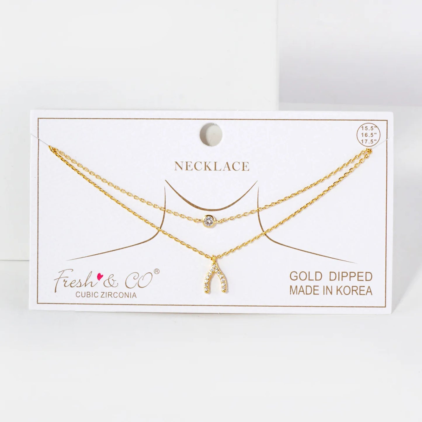 Pave-Set CZ Wishbone Pendant 18K-Gold-Dipped Layered Necklace