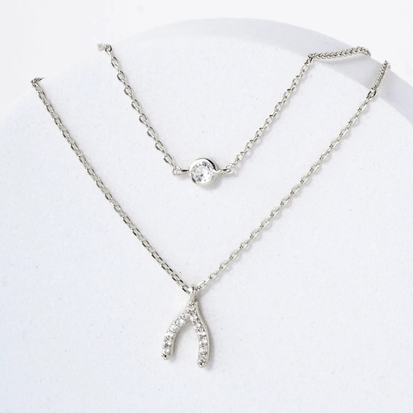 Pave-Set CZ Wishbone Pendant 18K-Gold-Dipped Layered Necklace