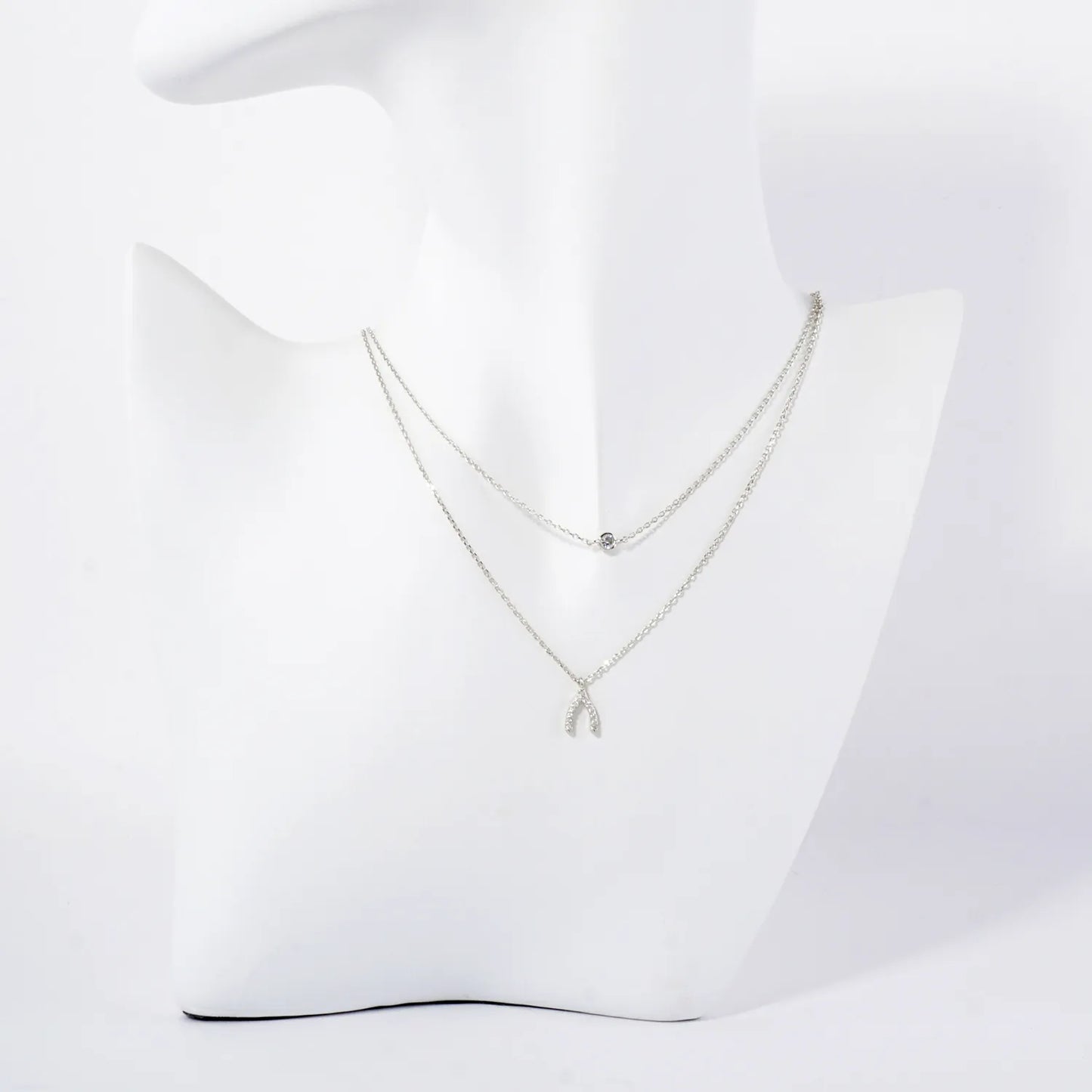 Pave-Set CZ Wishbone Pendant 18K-Gold-Dipped Layered Necklace