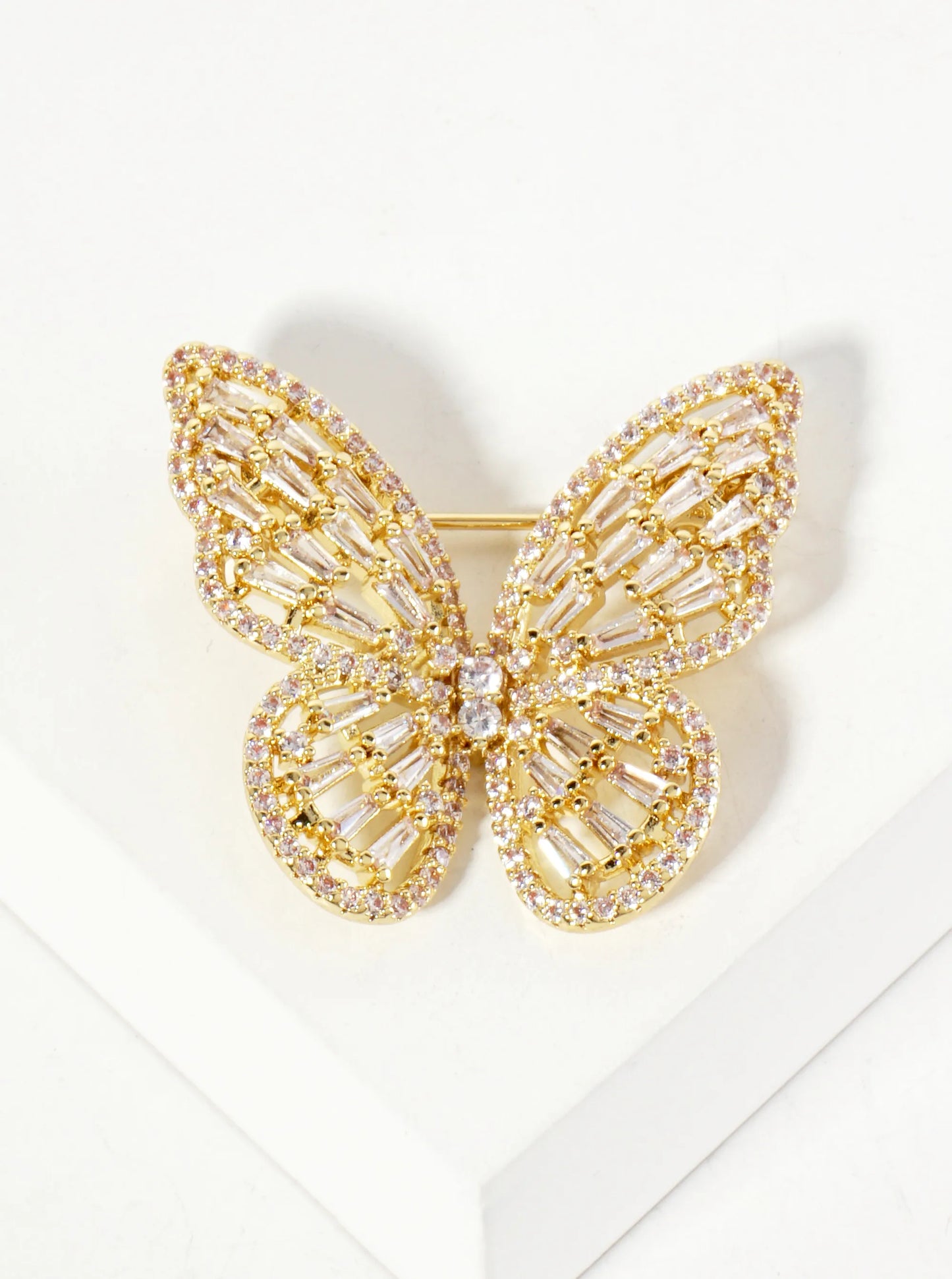 Pave-Set Cubic-Zirconia 1-inch Butterfly Design 18K-Gold-Dipped Brass Brooch
