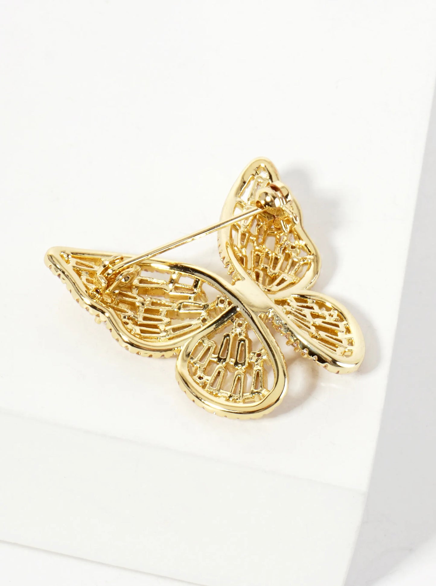 Pave-Set Cubic-Zirconia 1-inch Butterfly Design 18K-Gold-Dipped Brass Brooch