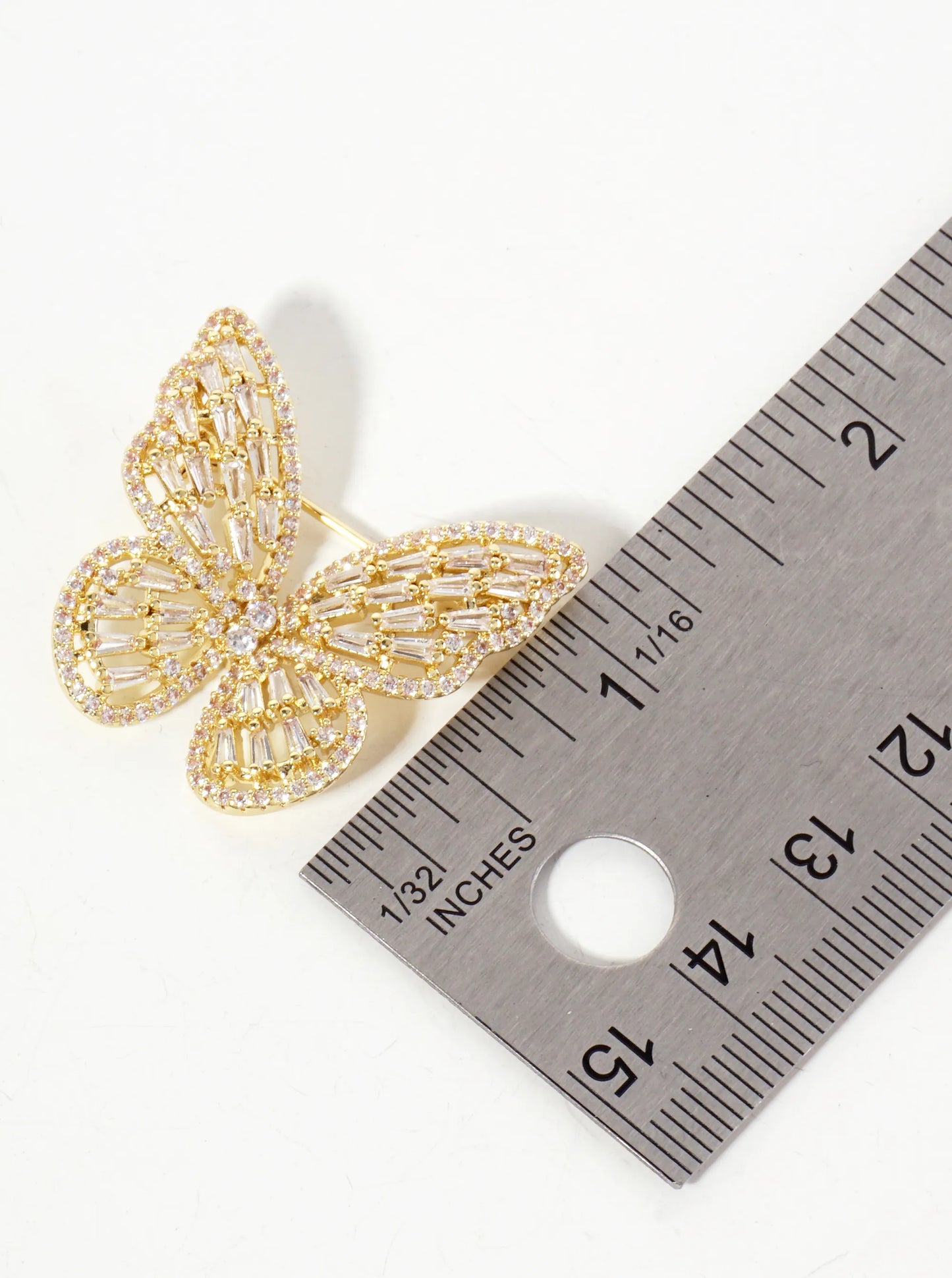 Pave-Set Cubic-Zirconia 1-inch Butterfly Design 18K-Gold-Dipped Brass Brooch