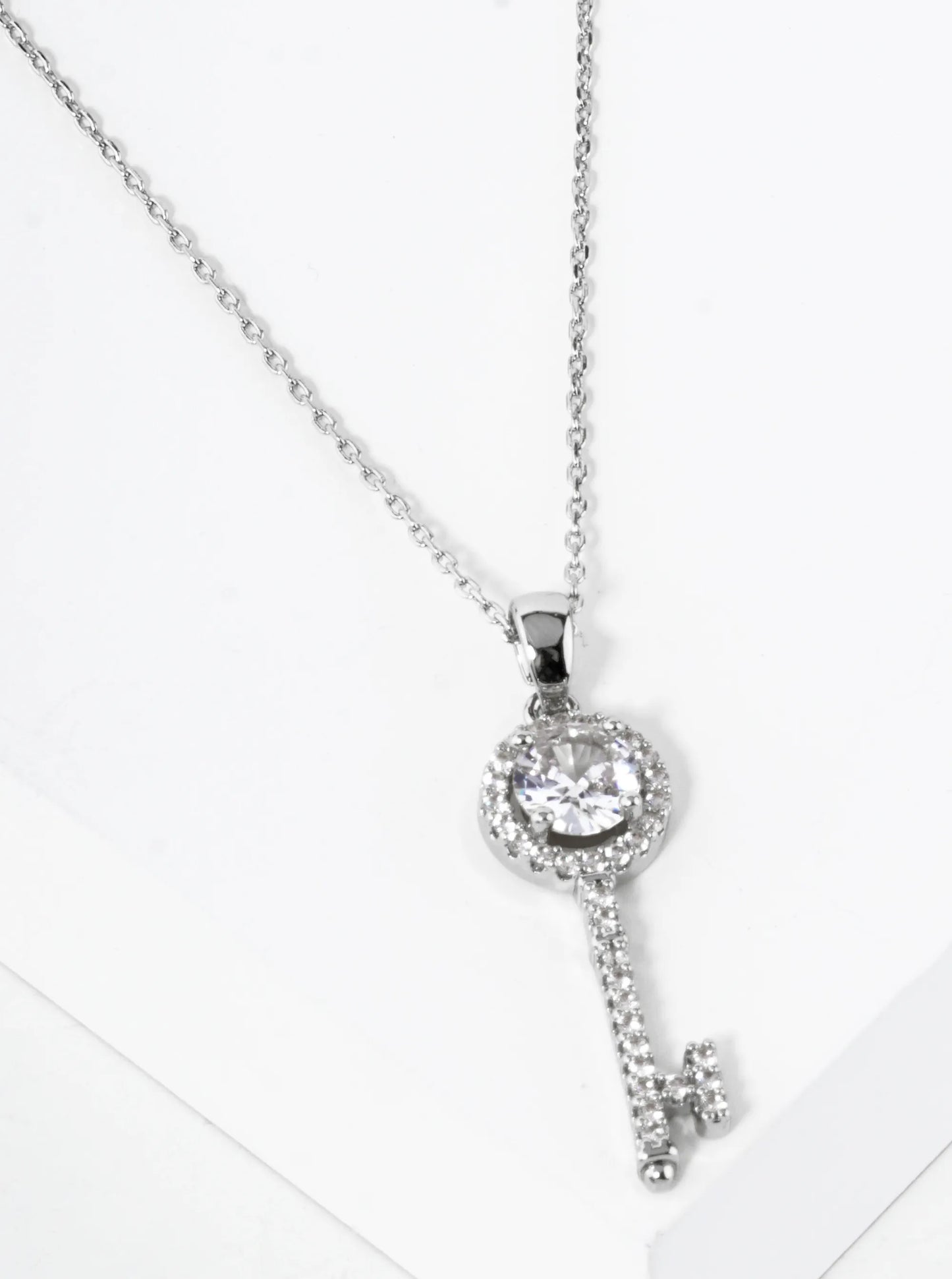 Pave Set Cubic Zirconia 1 Inch Key Pendant Necklace