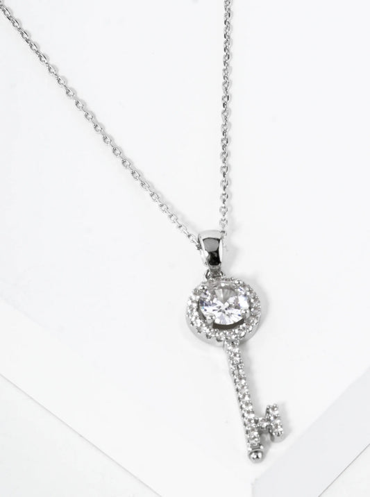 Pave Set Cubic Zirconia 1 Inch Key Pendant Necklace