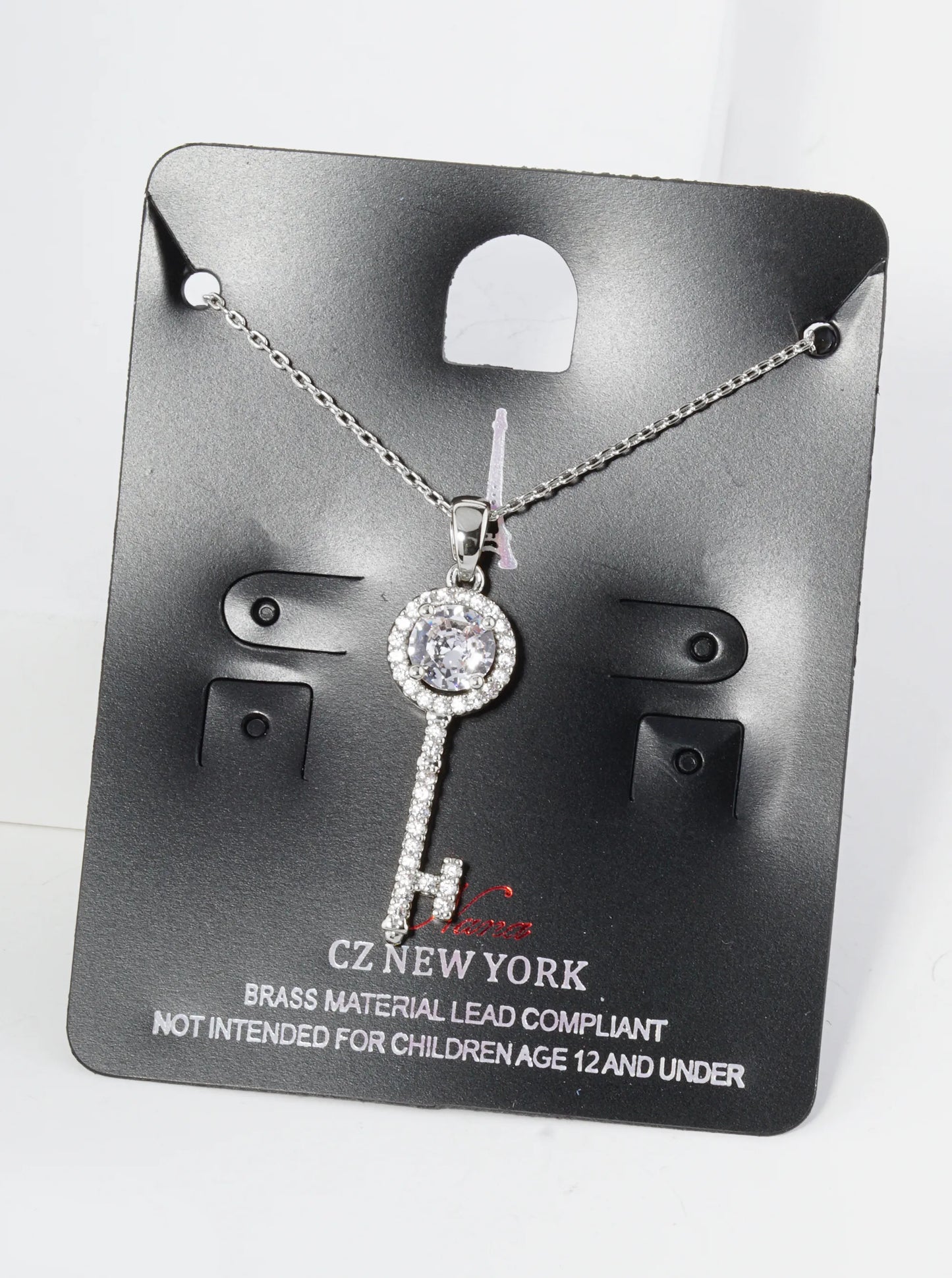 Pave Set Cubic Zirconia 1 Inch Key Pendant Necklace