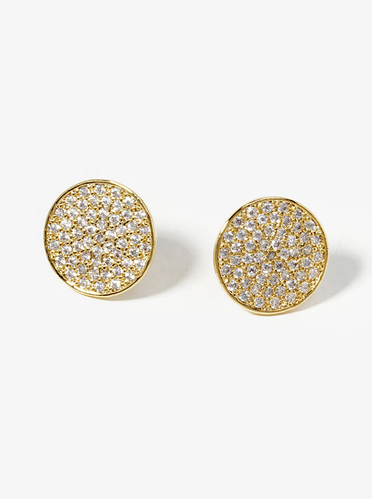 Pave-Set Cubic-Zirconia 10mm Round Disc 18K-Gold-Dipped Stud Earrings