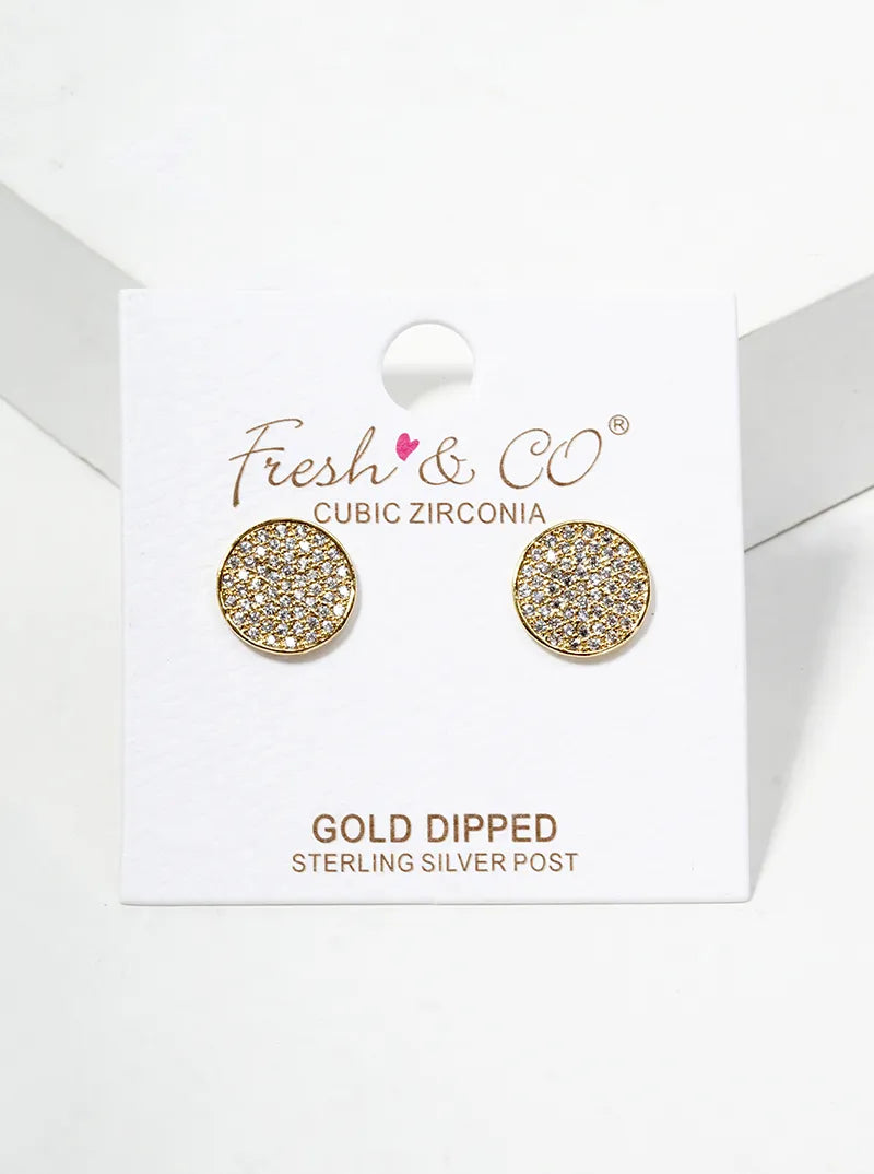 Pave-Set Cubic-Zirconia 10mm Round Disc 18K-Gold-Dipped Stud Earrings