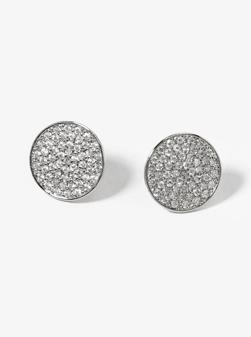 Pave-Set Cubic-Zirconia 10mm Round Disc 18K-Gold-Dipped Stud Earrings