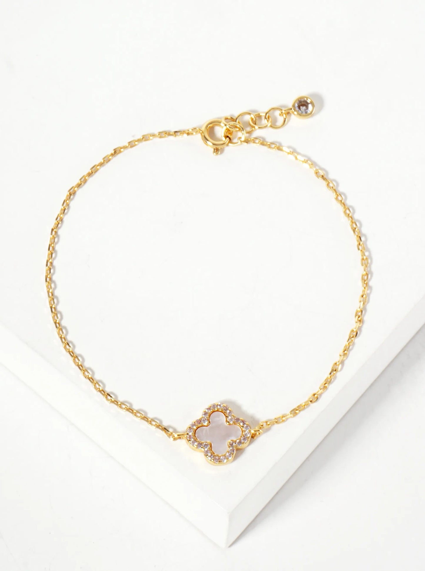 Pave-Set Cubic-Zirconia 11mm 18K-Gold-Dipped Brass Quatrefoil Chain Bracelet