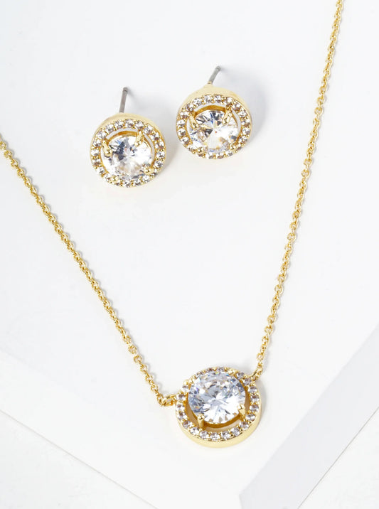 Pave Set Cubic Zirconia 11mm Halo Circle Pendant Necklace With Earrings