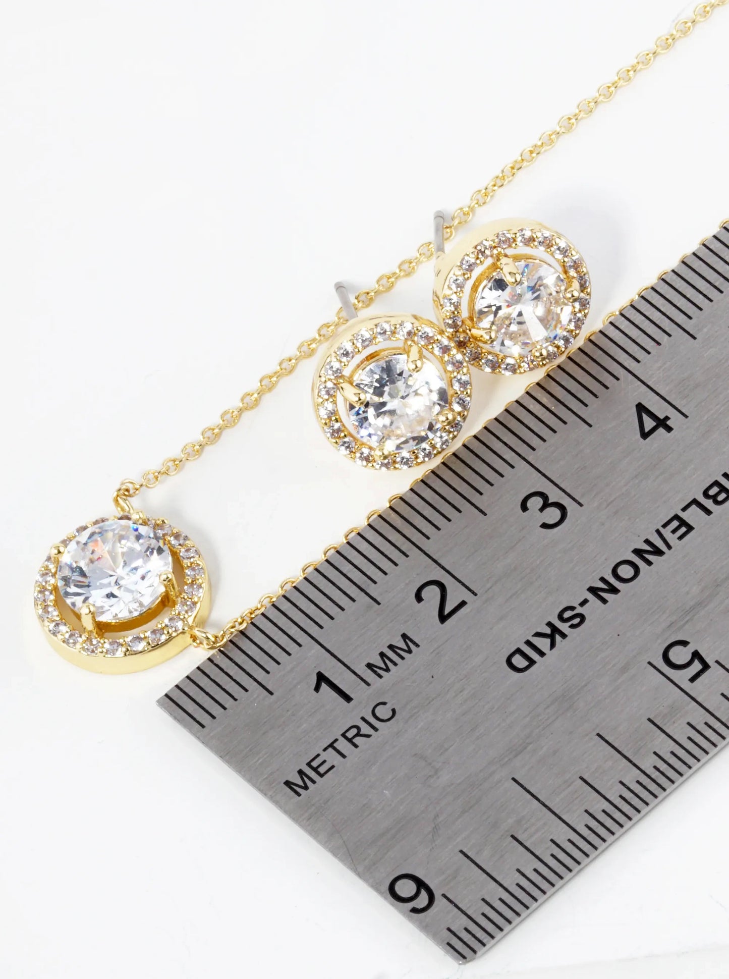 Pave Set Cubic Zirconia 11mm Halo Circle Pendant Necklace With Earrings