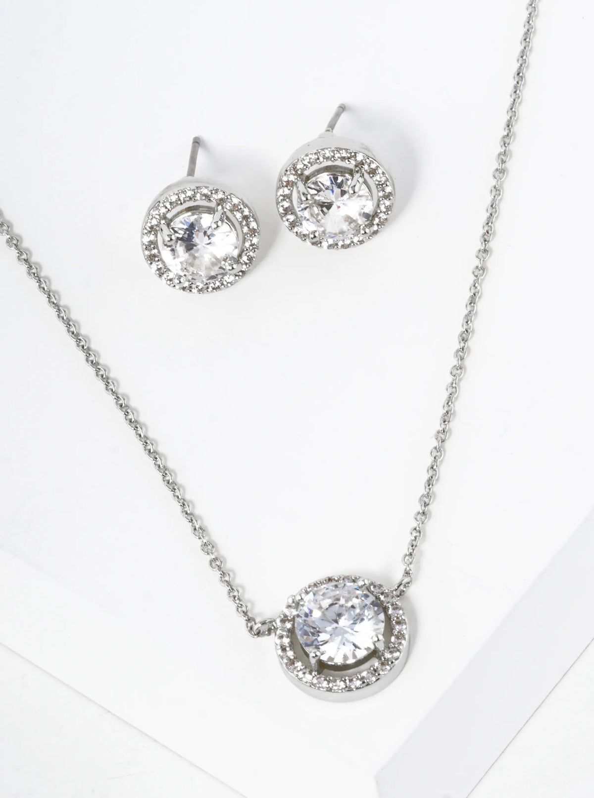Pave Set Cubic Zirconia 11mm Halo Circle Pendant Necklace With Earrings
