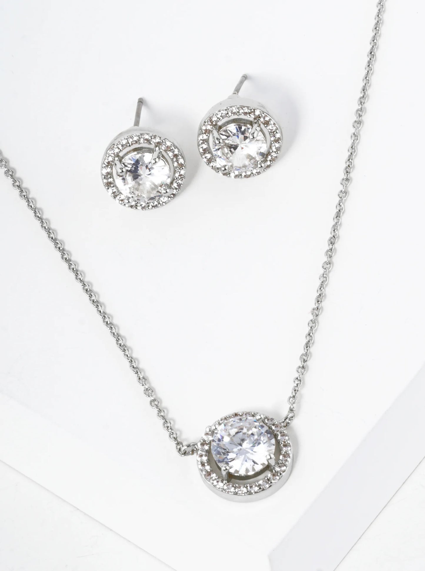 Pave Set Cubic Zirconia 11mm Halo Circle Pendant Necklace With Earrings