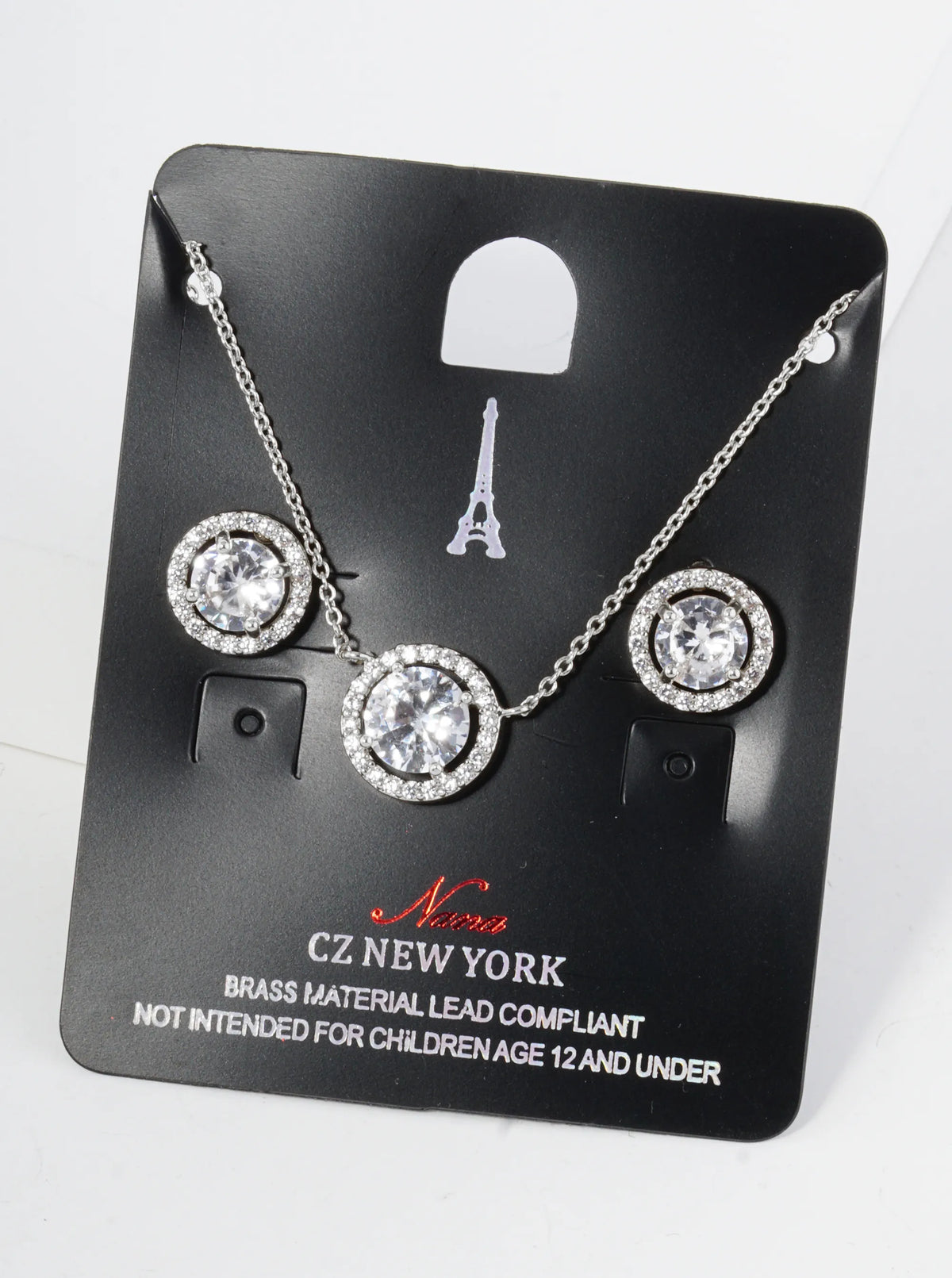 Pave Set Cubic Zirconia 11mm Halo Circle Pendant Necklace With Earrings