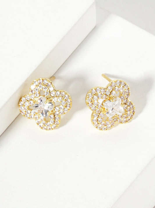 Pave-Set Cubic-Zirconia 12mm Quatrefoil 18K-Gold-Dipped Stud Earrings