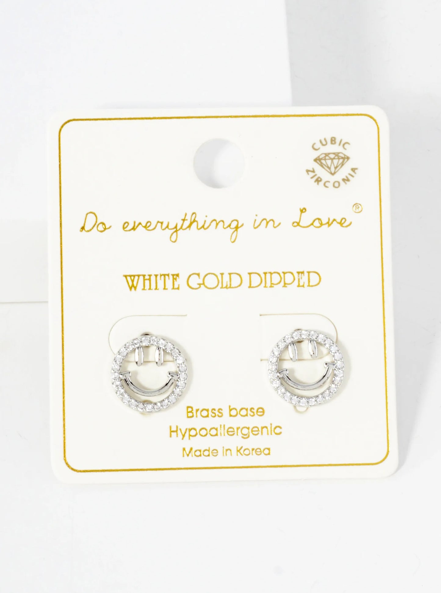 Pave-Set Cubic-Zirconia 12mm Smiley-Face 14K-Gold-Dipped Stud Earrings