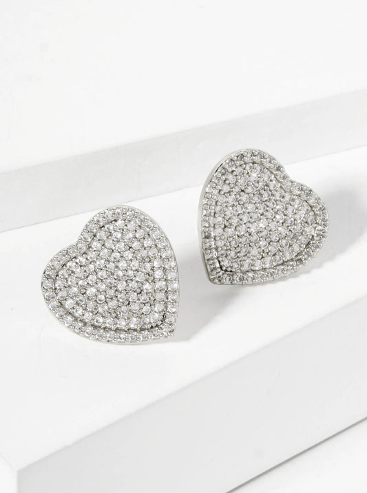 Pave-Set Cubic-Zirconia 15mm Heart-Shaped 18K-Gold-Dipped Stud Earrings