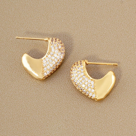 Pave-Set Cubic-Zirconia 15mm Puffy Heart Gold-Dipped Brass Open Huggie Hoop Earrings