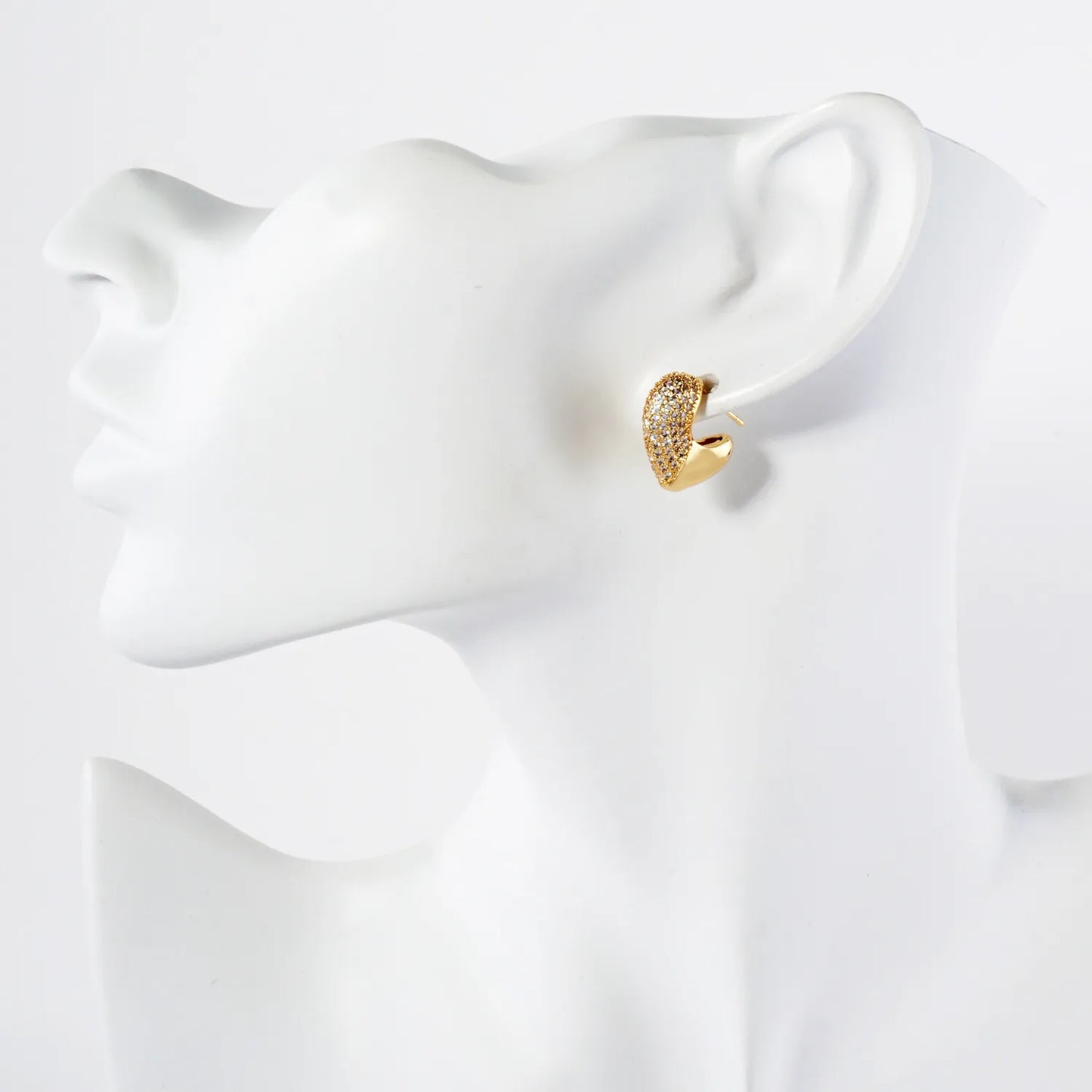 Pave-Set Cubic-Zirconia 15mm Puffy Heart Gold-Dipped Brass Open Huggie Hoop Earrings