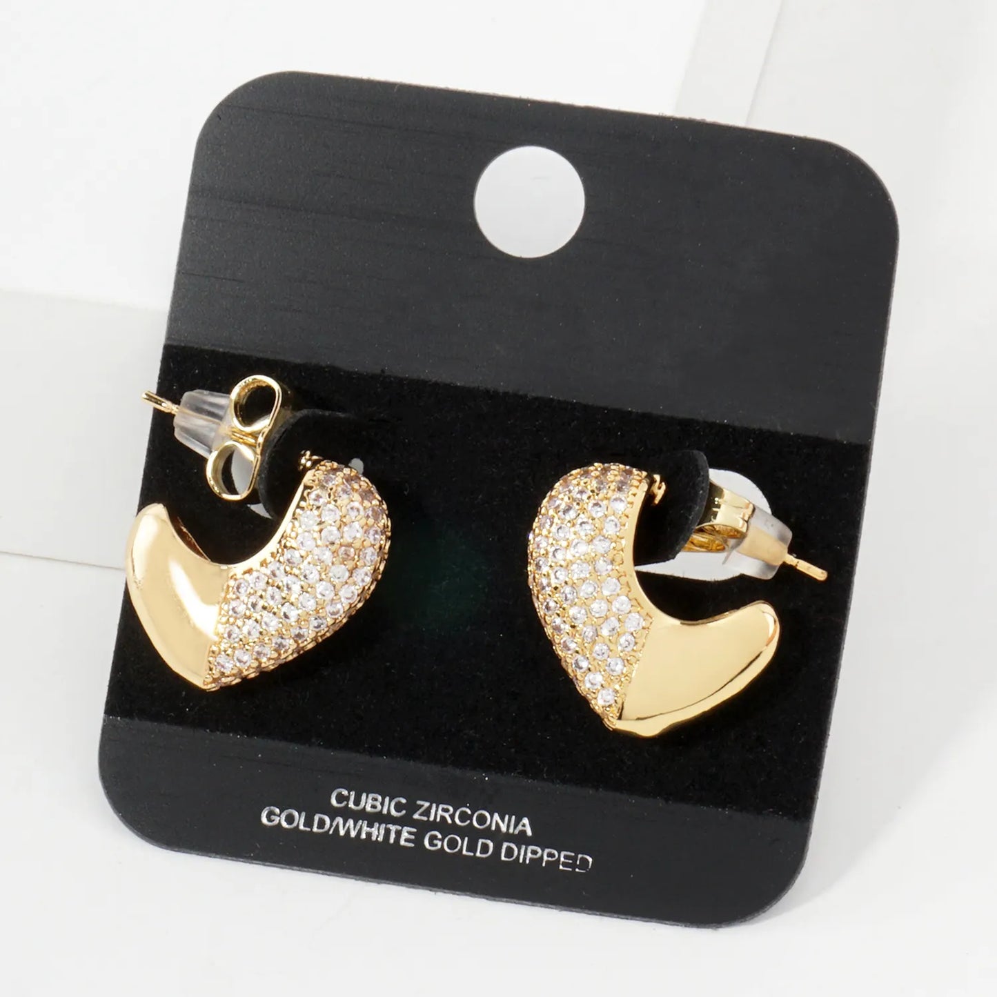 Pave-Set Cubic-Zirconia 15mm Puffy Heart Gold-Dipped Brass Open Huggie Hoop Earrings
