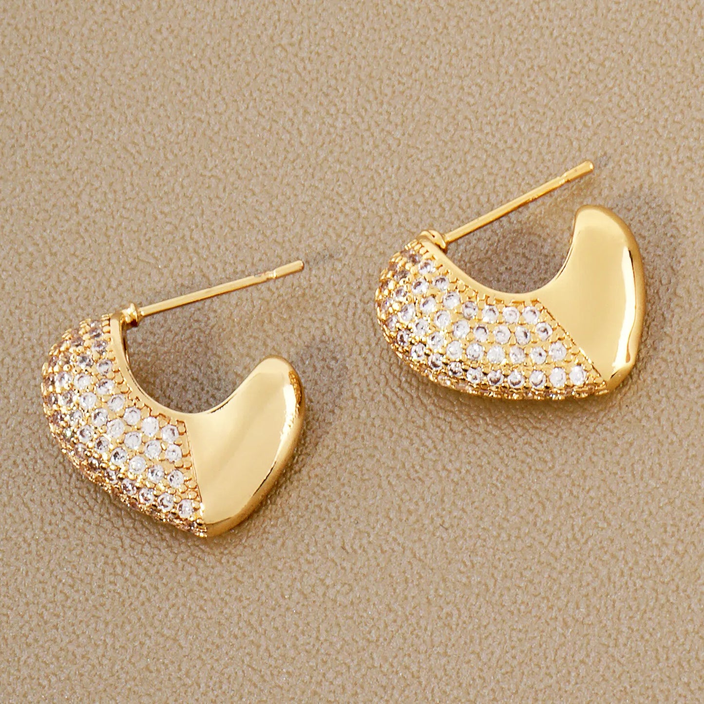 Pave-Set Cubic-Zirconia 15mm Puffy Heart Gold-Dipped Brass Open Huggie Hoop Earrings