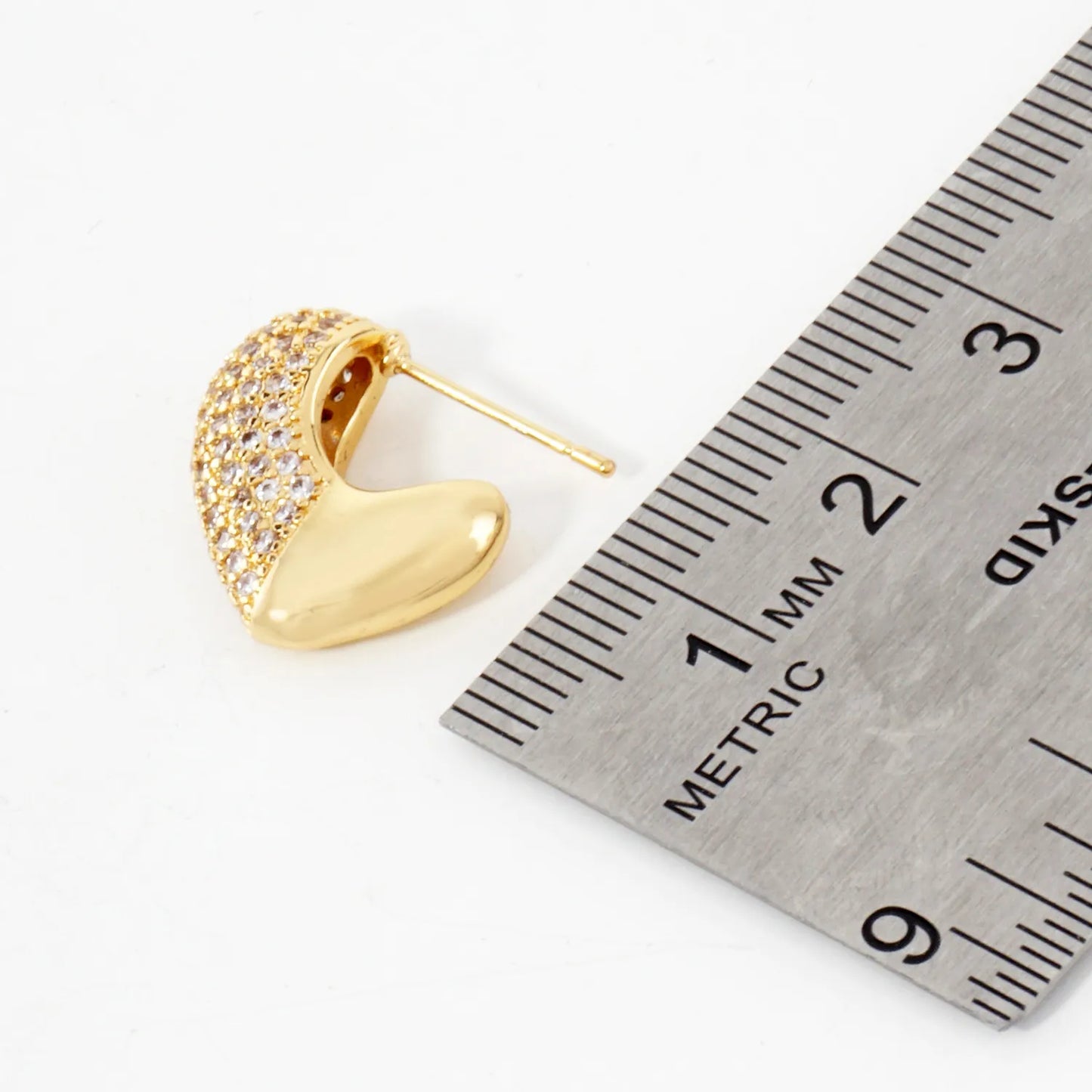 Pave-Set Cubic-Zirconia 15mm Puffy Heart Gold-Dipped Brass Open Huggie Hoop Earrings