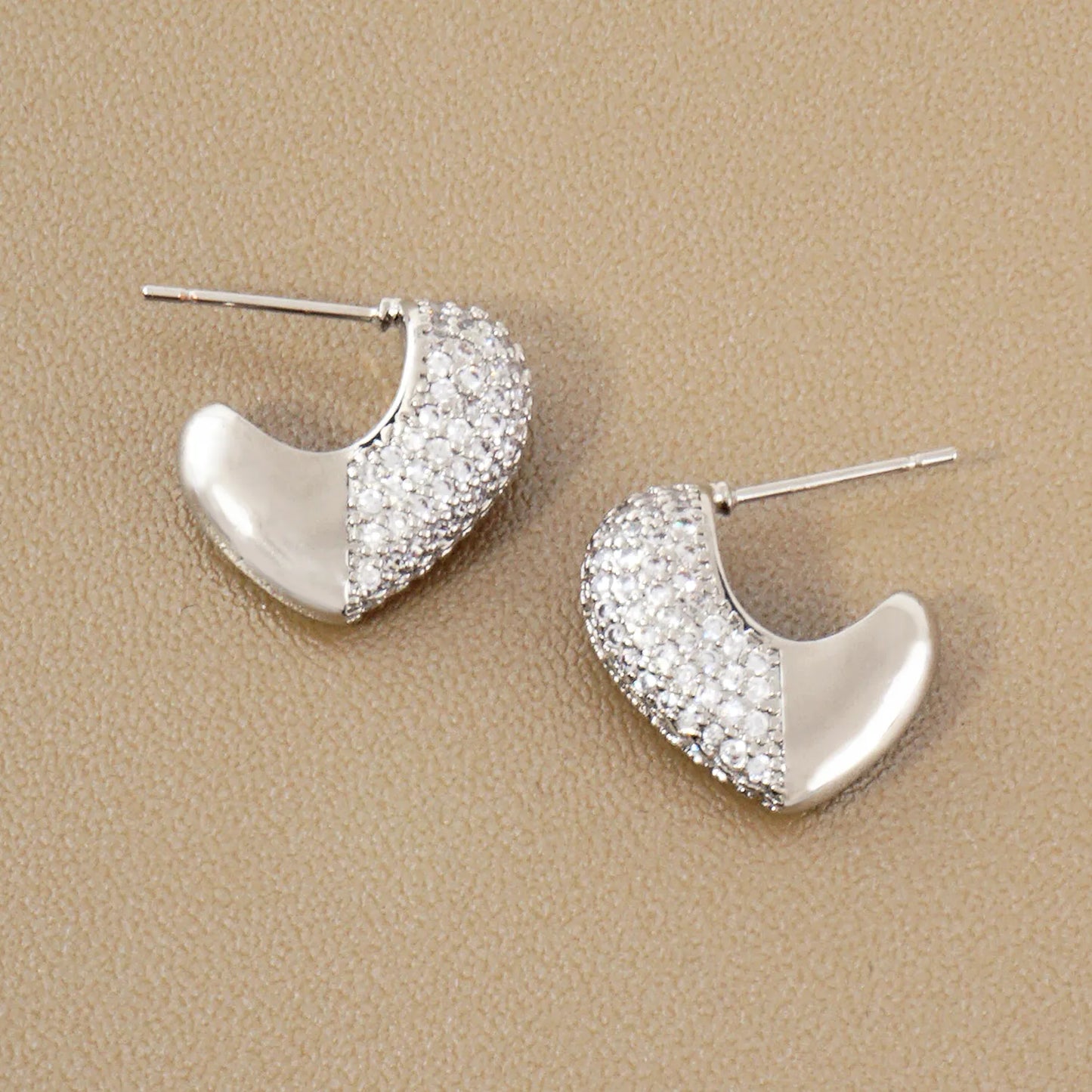 Pave-Set Cubic-Zirconia 15mm Puffy Heart Gold-Dipped Brass Open Huggie Hoop Earrings
