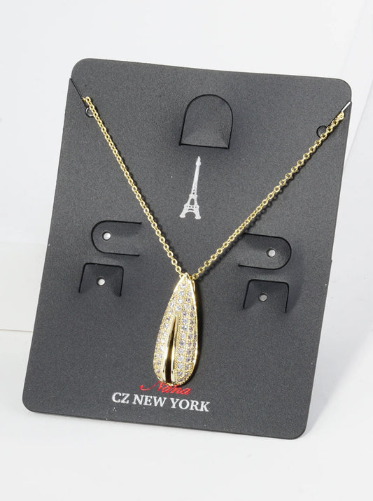 Pave Set Cubic Zirconia 22mm Puffy Teardrop Pendant Necklace
