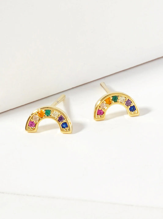 Pave-Set Cubic-Zirconia Arch-Shaped Rainbow 18K-Gold-Dipped Brass Stud Earrings
