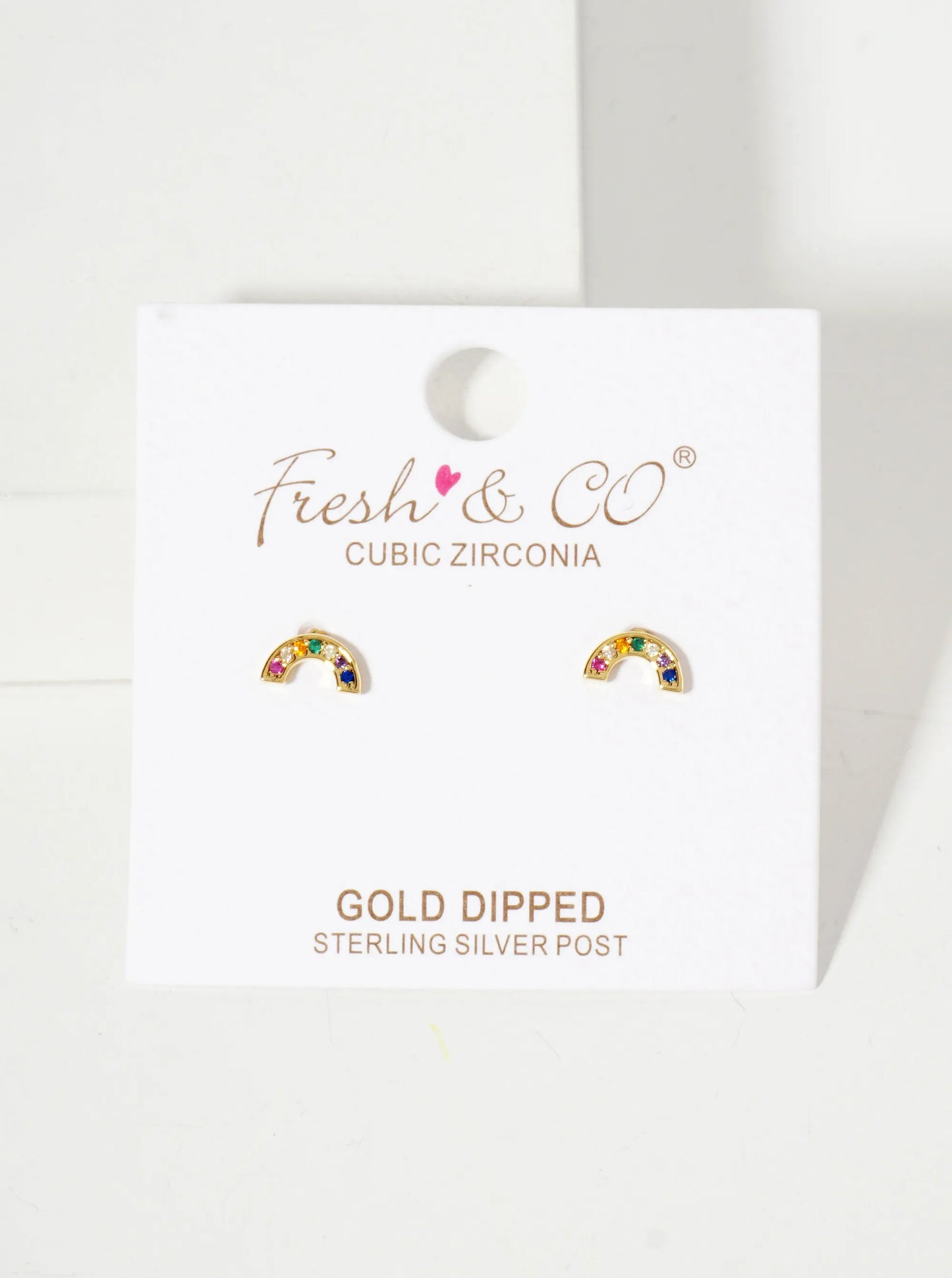 Pave-Set Cubic-Zirconia Arch-Shaped Rainbow 18K-Gold-Dipped Brass Stud Earrings
