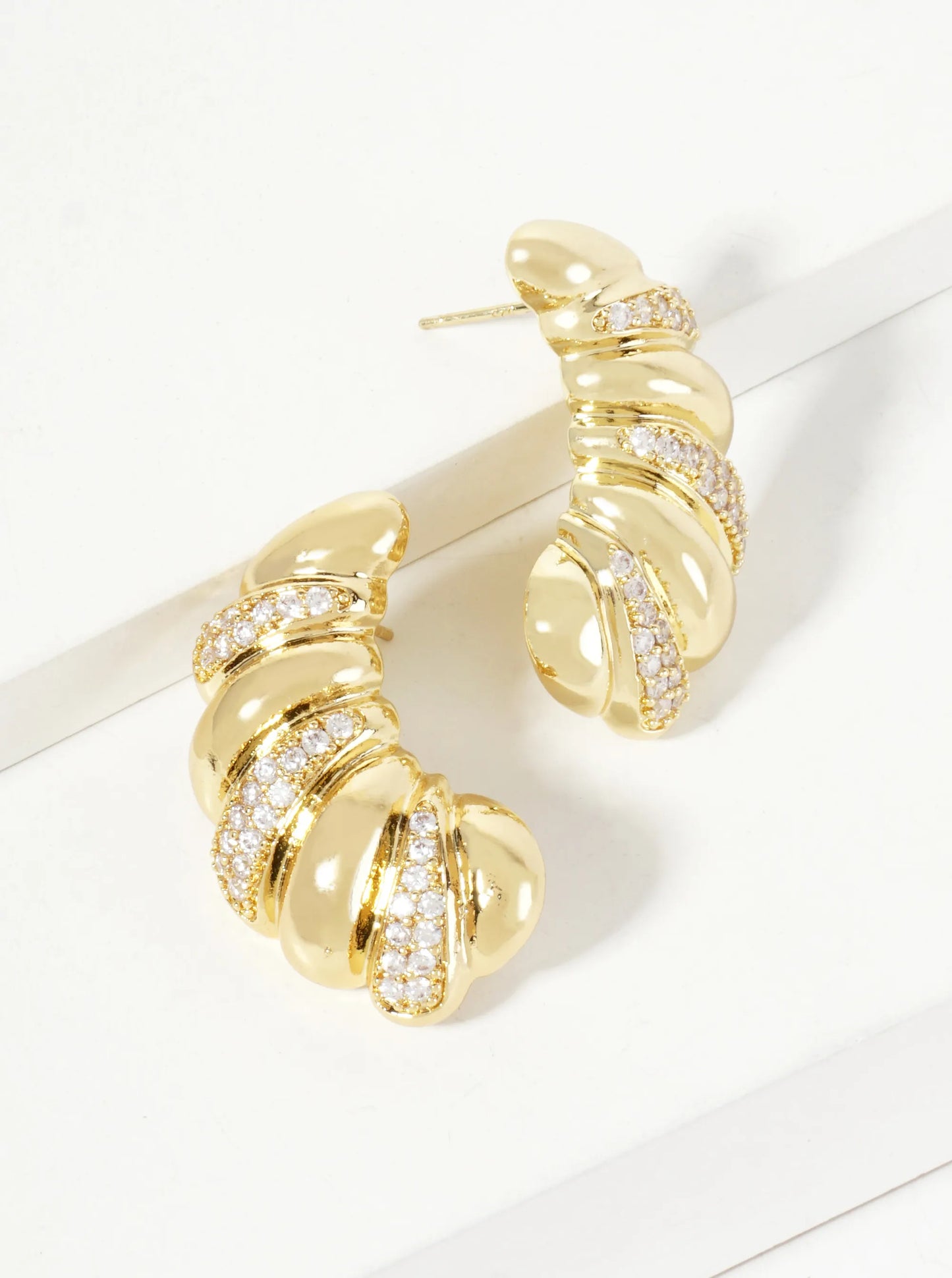 Pave-Set Cubic-Zirconia Croissant-Shaped 18K-Gold-Dipped Post Earrings