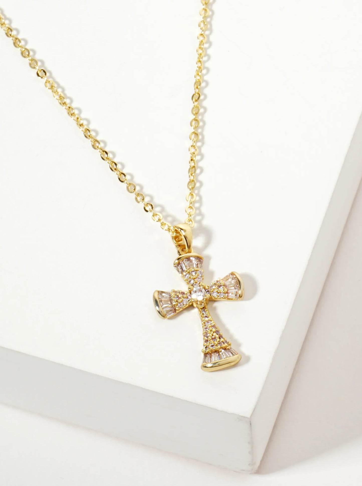 Pave-Set Cubic-Zirconia Cross Pendant 18K-Gold-Dipped Brass Necklace