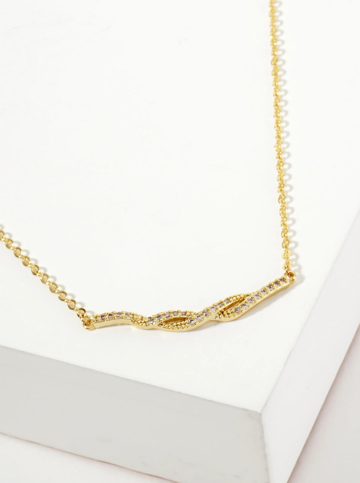 Pave-Set Cubic-Zirconia Curved Interwoven Pendant 18K-Gold-Dipped Brass Necklace