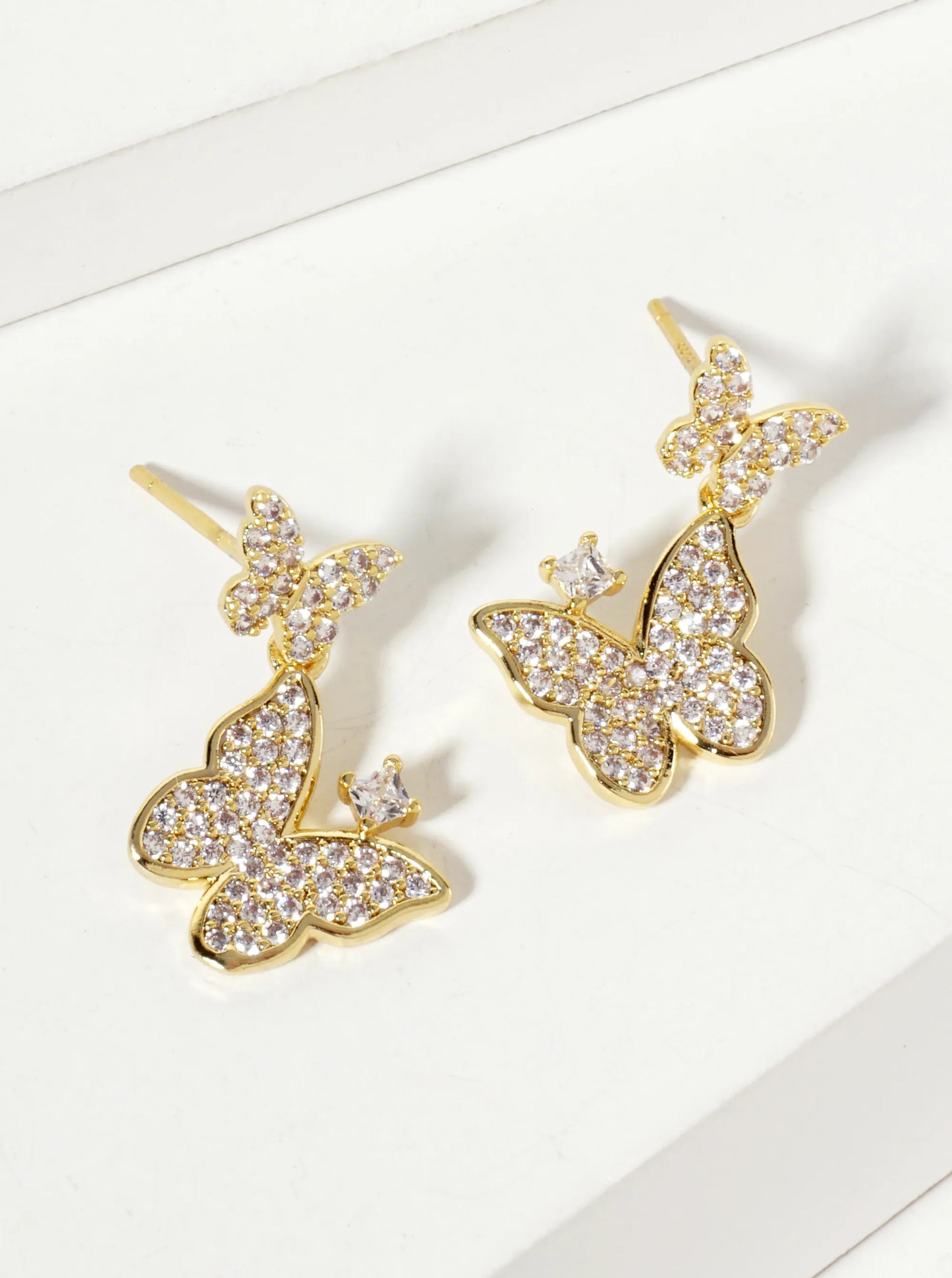 Pave-Set Cubic-Zirconia Double Butterfly Drop 18K-Gold-Dipped Post Earrings