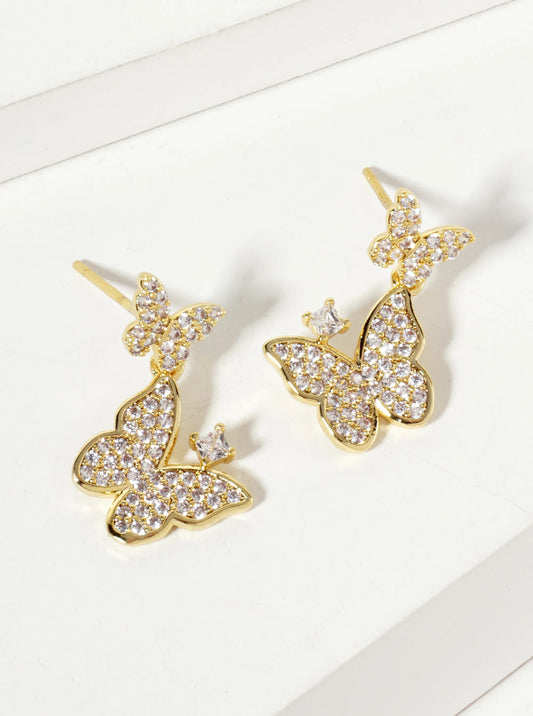 Pave-Set Cubic-Zirconia Double Butterfly Drop 18K-Gold-Dipped Post Earrings