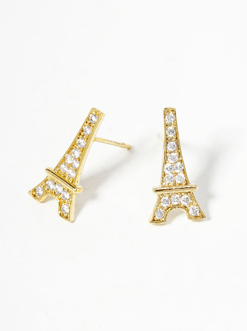Pave-Set Cubic-Zirconia Eiffel-Tower 18K-Gold-Dipped Stud Earrings