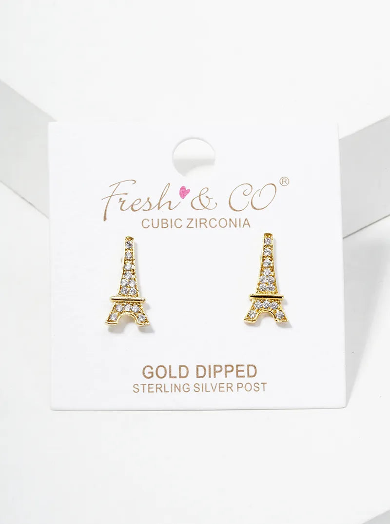 Pave-Set Cubic-Zirconia Eiffel-Tower 18K-Gold-Dipped Stud Earrings