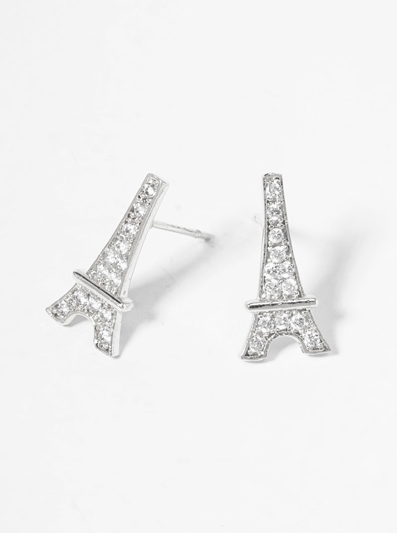 Pave-Set Cubic-Zirconia Eiffel-Tower 18K-Gold-Dipped Stud Earrings