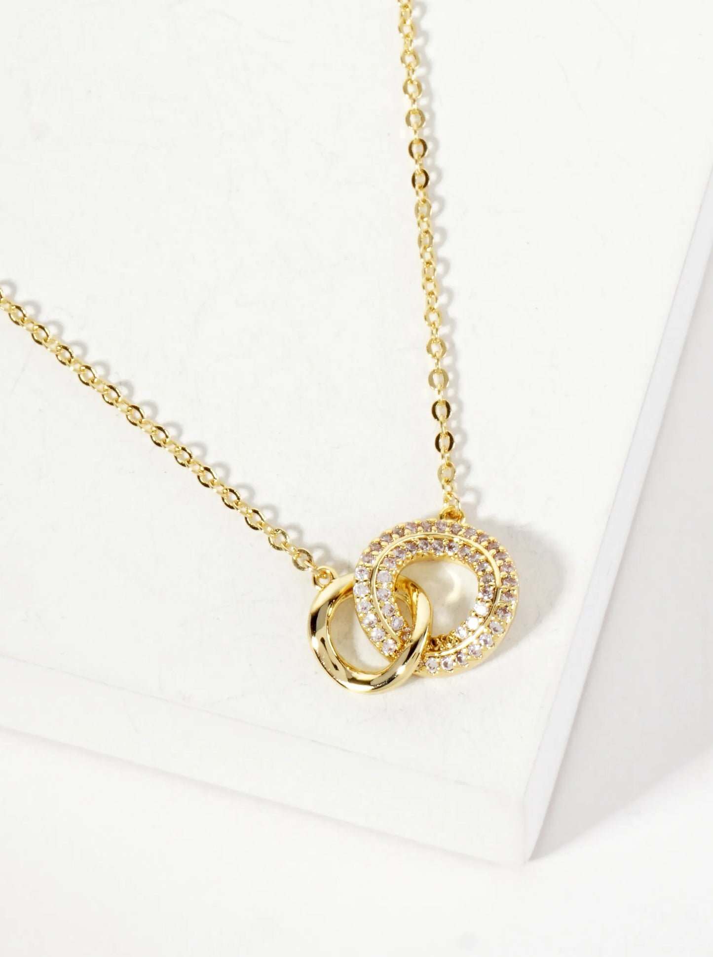 Pave-Set Cubic-Zirconia Interlocking Circles Pendant 18K-Gold-Dipped Necklace
