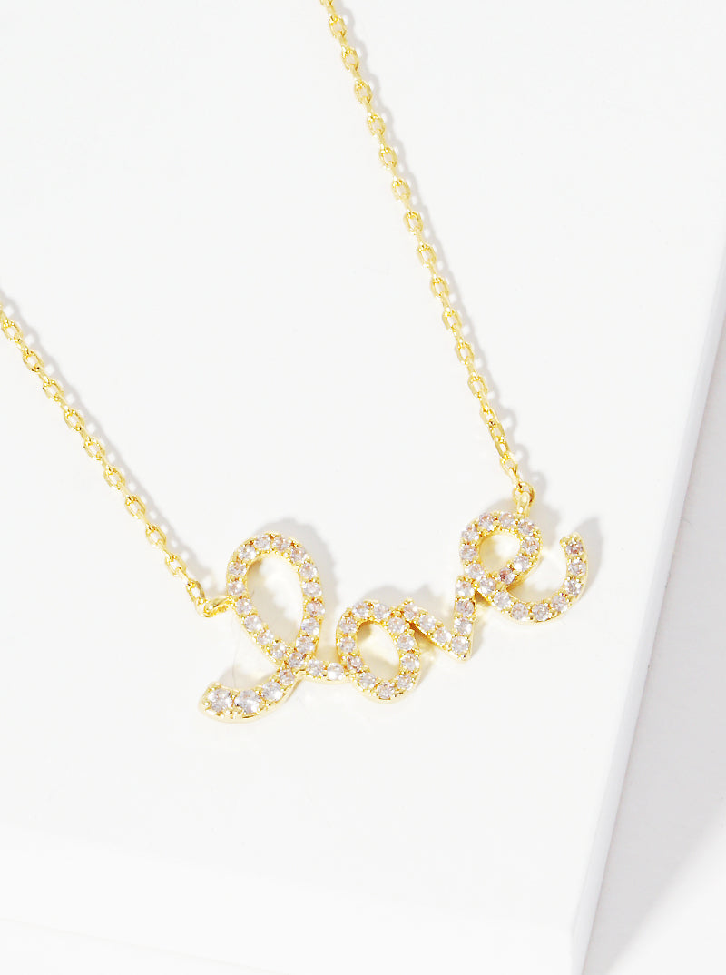 Pave-Set Cubic-Zirconia Love Pendant 18K-Gold-Dipped Brass Necklace