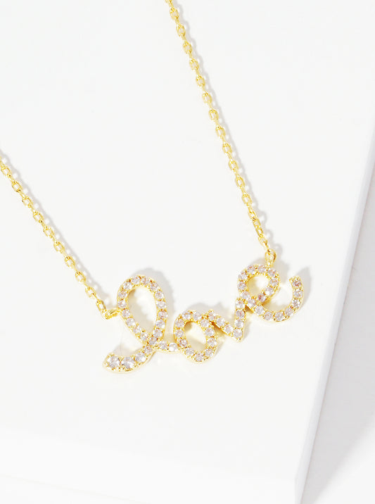 Pave-Set Cubic-Zirconia Love Pendant 18K-Gold-Dipped Brass Necklace